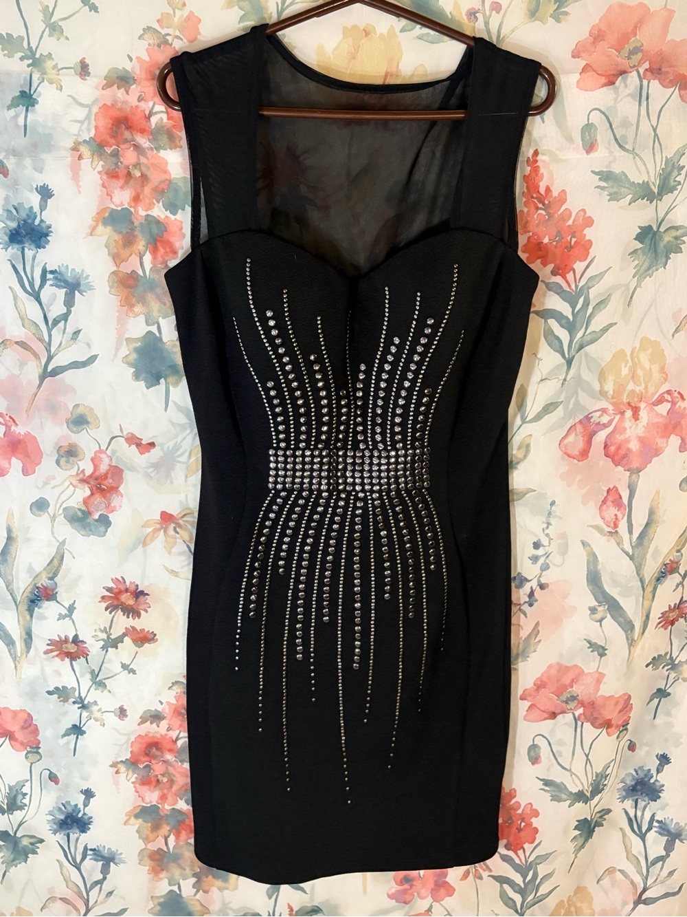 Vintage Black Sleeveless Mesh Yoke Rhinestone Bodycon Dress